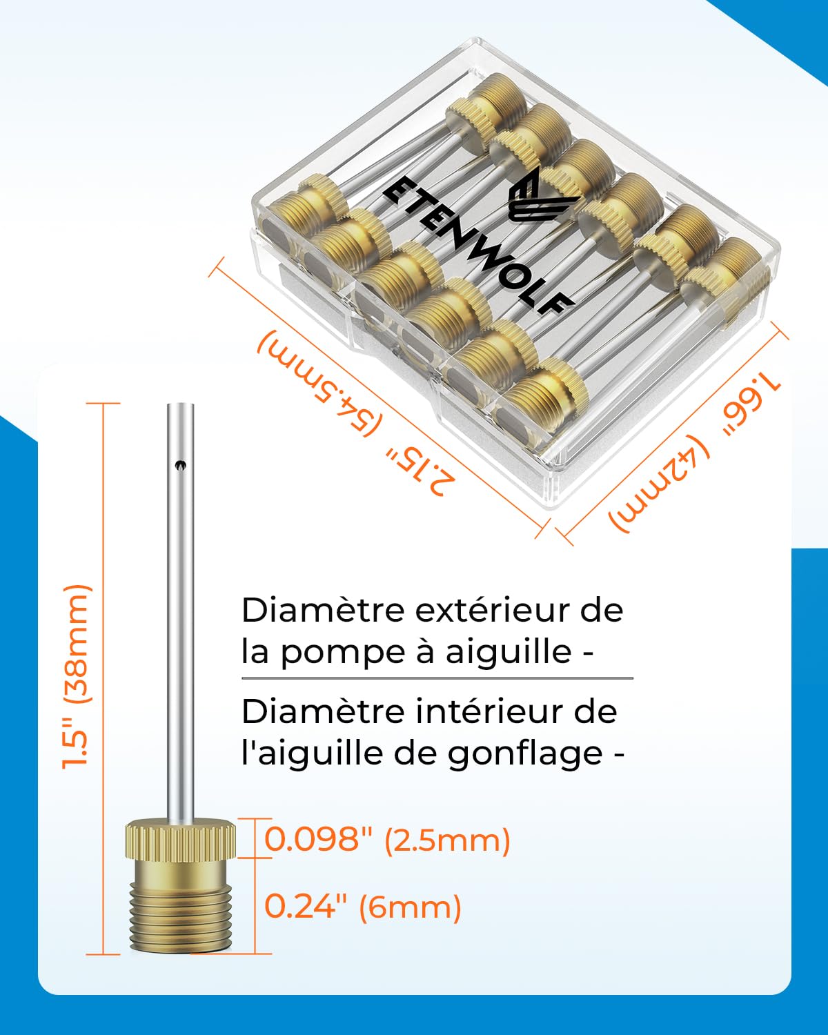 ETENWOLF Lot de 12 aiguilles pour pompe à ballon en laiton, aiguilles de pompe à air robustes sans rupture pour ballons avec étui de rangement, compatibles avec pompe manuelle et pompe électrique