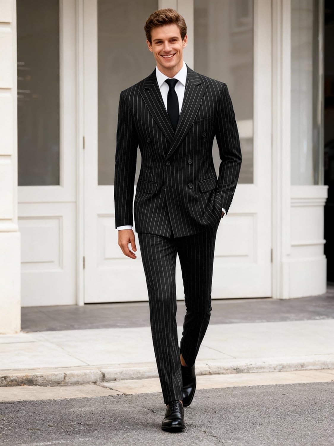 UNINUKOO Men's Suits 2 Piece Pinstripe Double Breasted Tuxedo Suit for Men Slim Fit Formal Dress Blazer Jacket Pants - Image 2