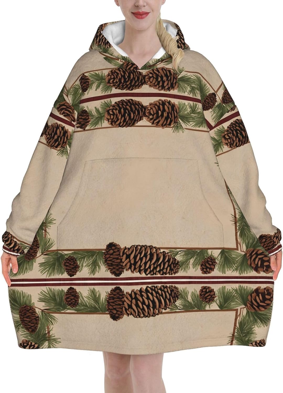 Pine Cone Border Print Blanket Hoodie Fleece Sweatshirt Blanket With Sleeves And Pockets