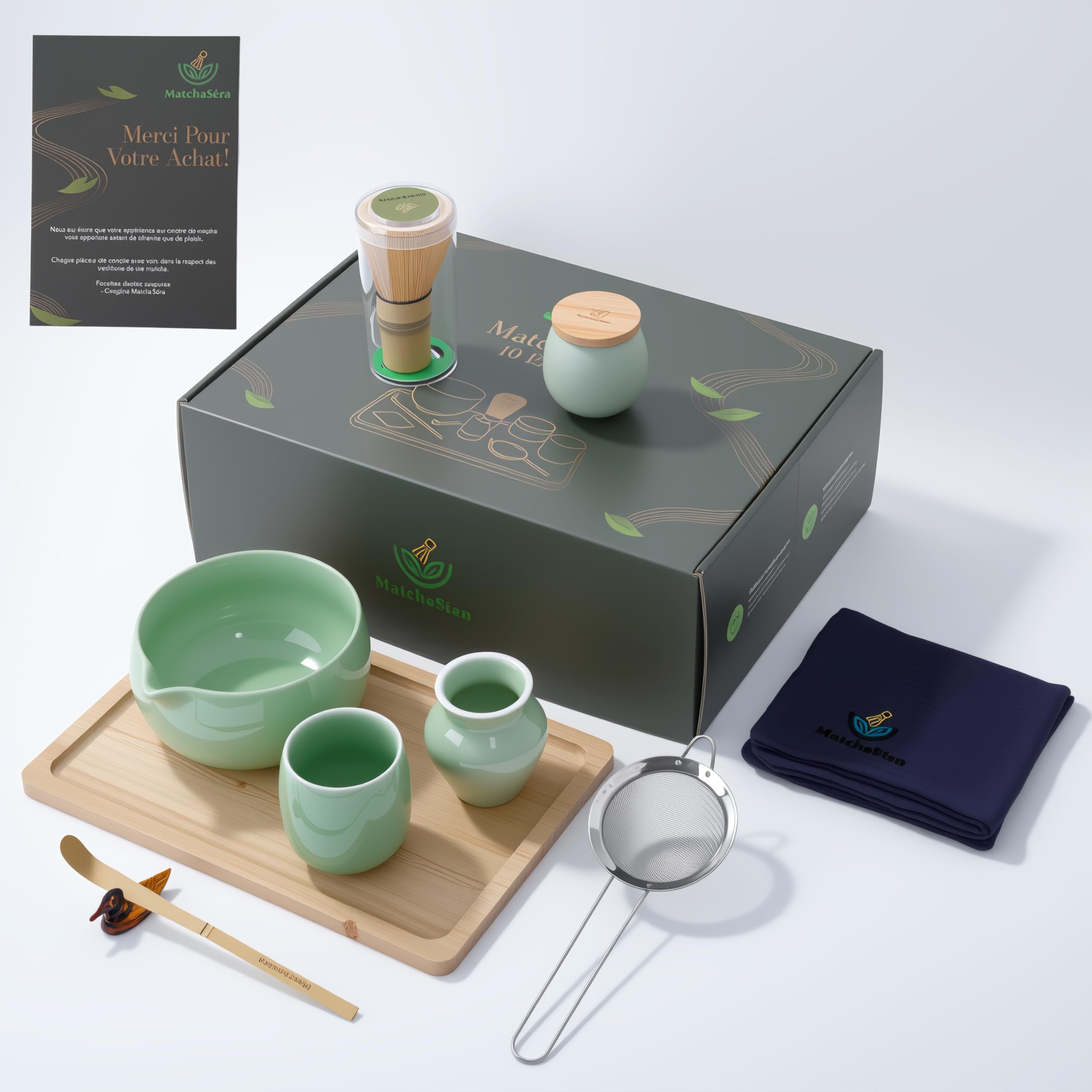 Kit Matcha, Ensemble complet de 10 pièces avec plateau, bol de Matcha japonais, fouet en bambou, support pour fouet, tamis, serviette à thé, récipient à thé, tasse de thé