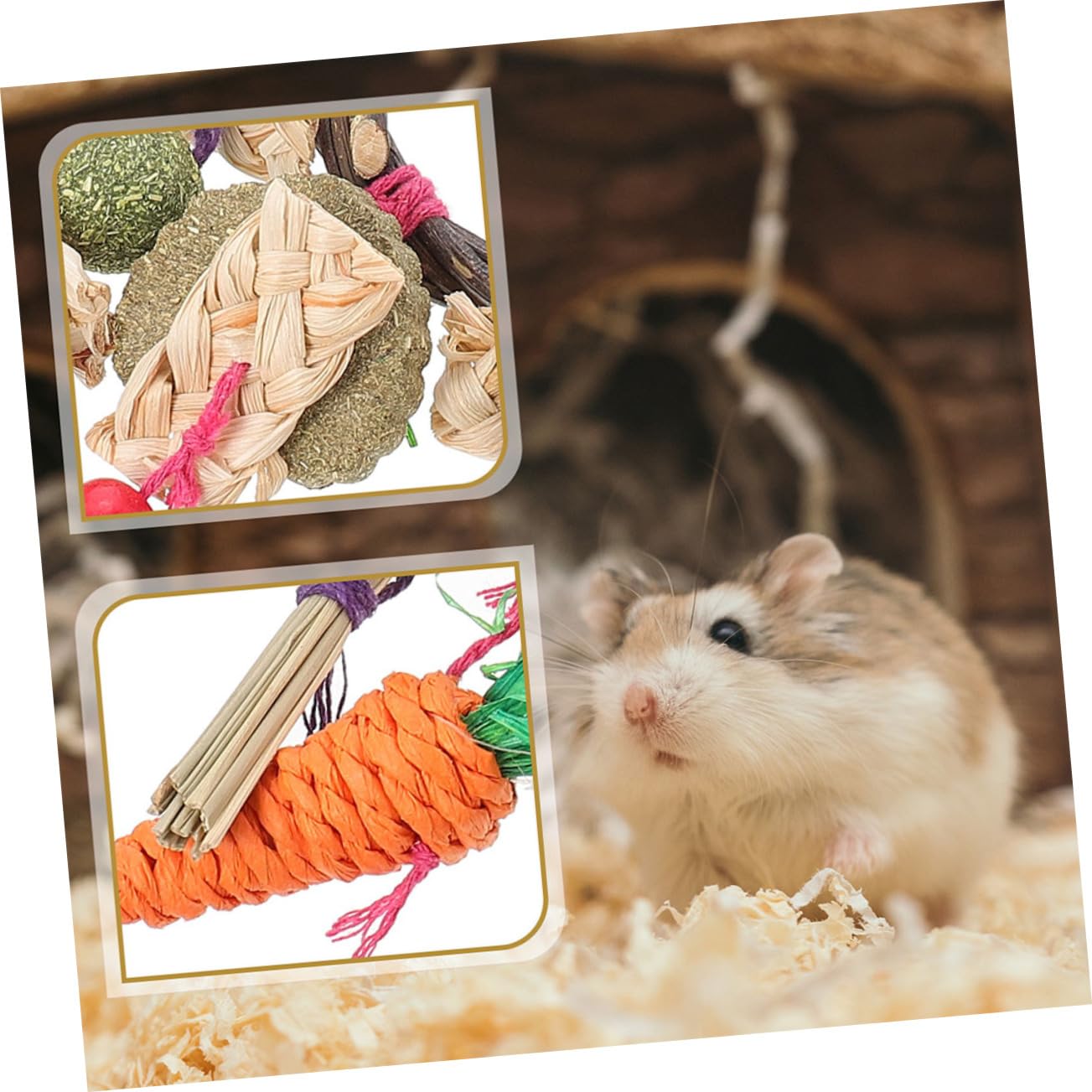 Happyyami 2 Stück Natürliches Holz Kauspielzeug für Kaninchen und Kleine Haustiere Geruchsfrei und Stabil Hängendes Spielzeug für Kaninchenkäfig zum Spielen und Trainieren