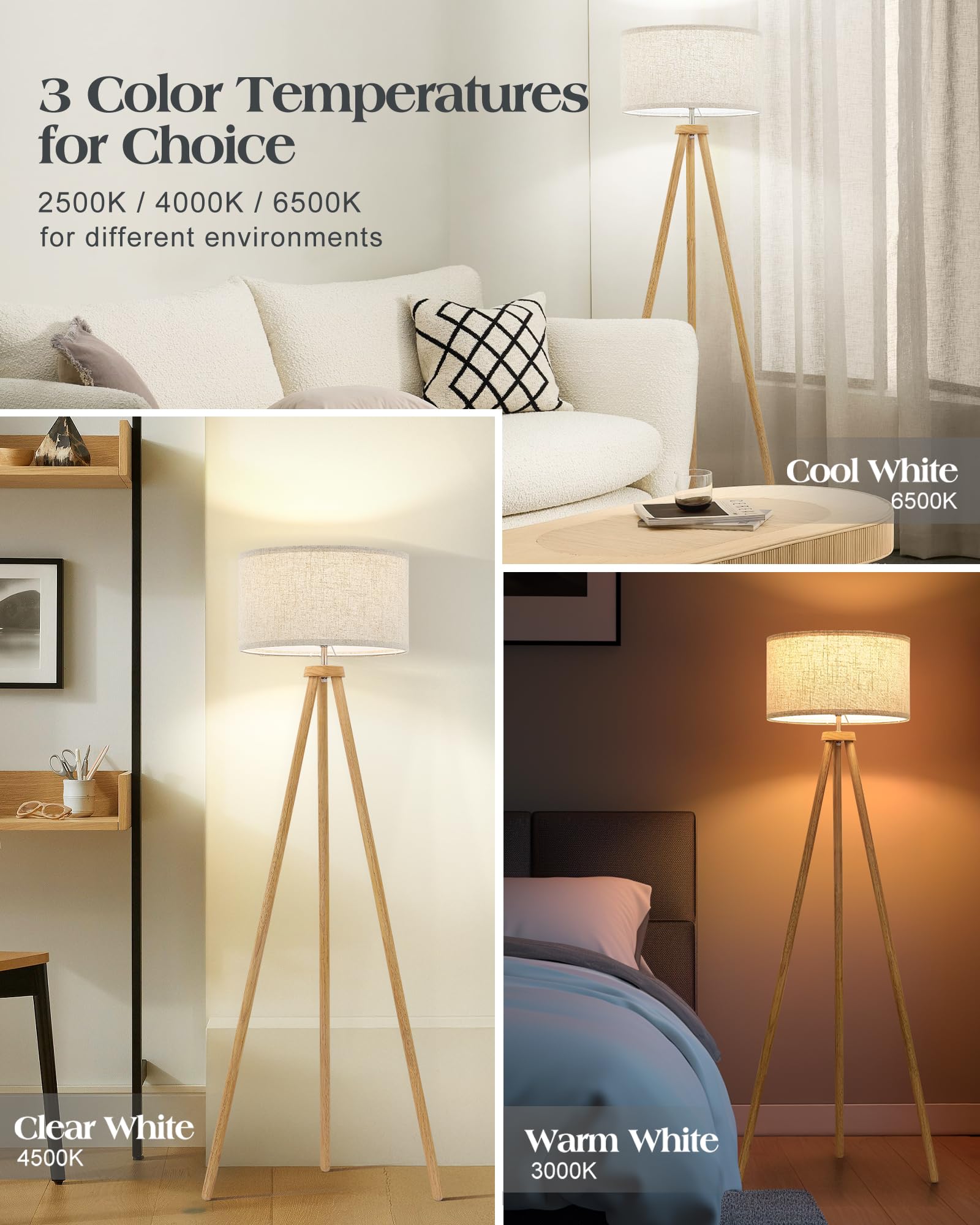 ELYONA Holz-Stehlampe für Wohnzimmer, nordische Stehleuchte mit 3 Farbtemperaturen, inklusive LED-Birne und beigefarbenem Leinen-Schirm, Fußschalter, hohe Lampe für Schlafzimmer, Büro, Arbeitszimmer