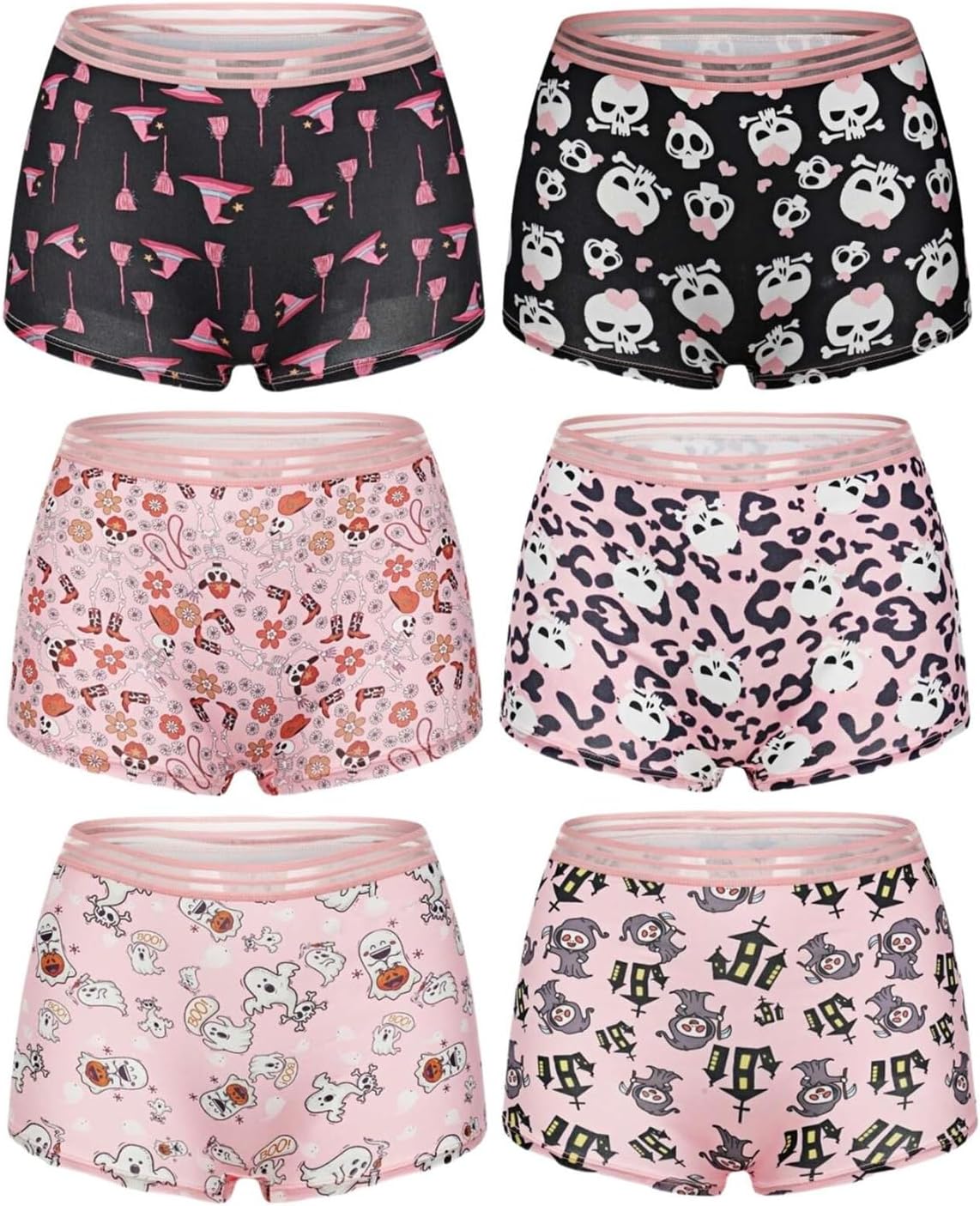 Morvia Gothic Halloween Print Boyshorts Underwear, 6 Pack, High Waist Contrast Elastic Band, Black Red Skull Spooky Patterns