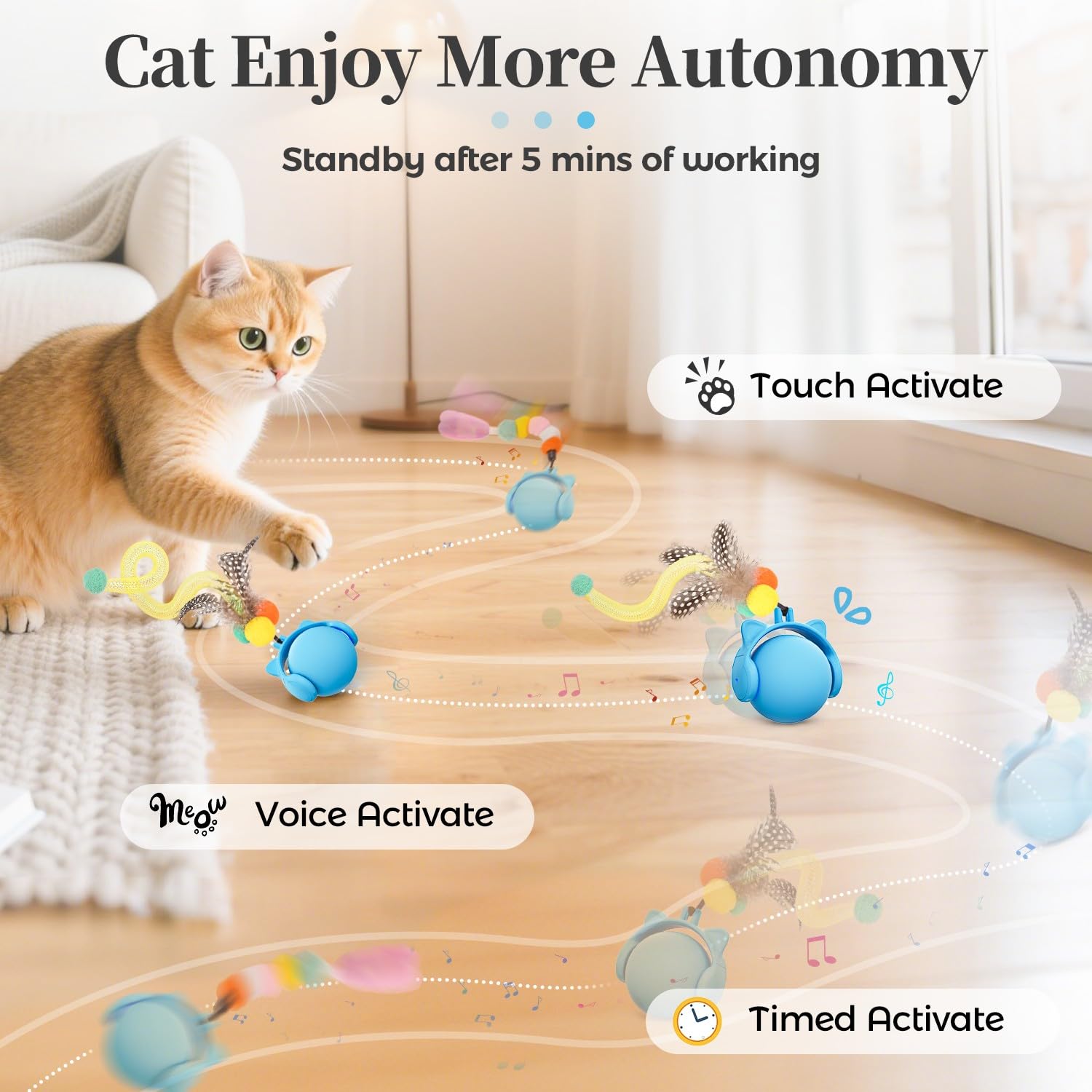 GoldenSun Cat Toys,Interactive Cat Toys for Indoor Cats Adult,Cat Ball Toy for Indoor Cats Kitten,Automatic Cat Toy With Tail,4 Mode Multiple Activation Ways and Chirps Stimulate,Blue - Image 2