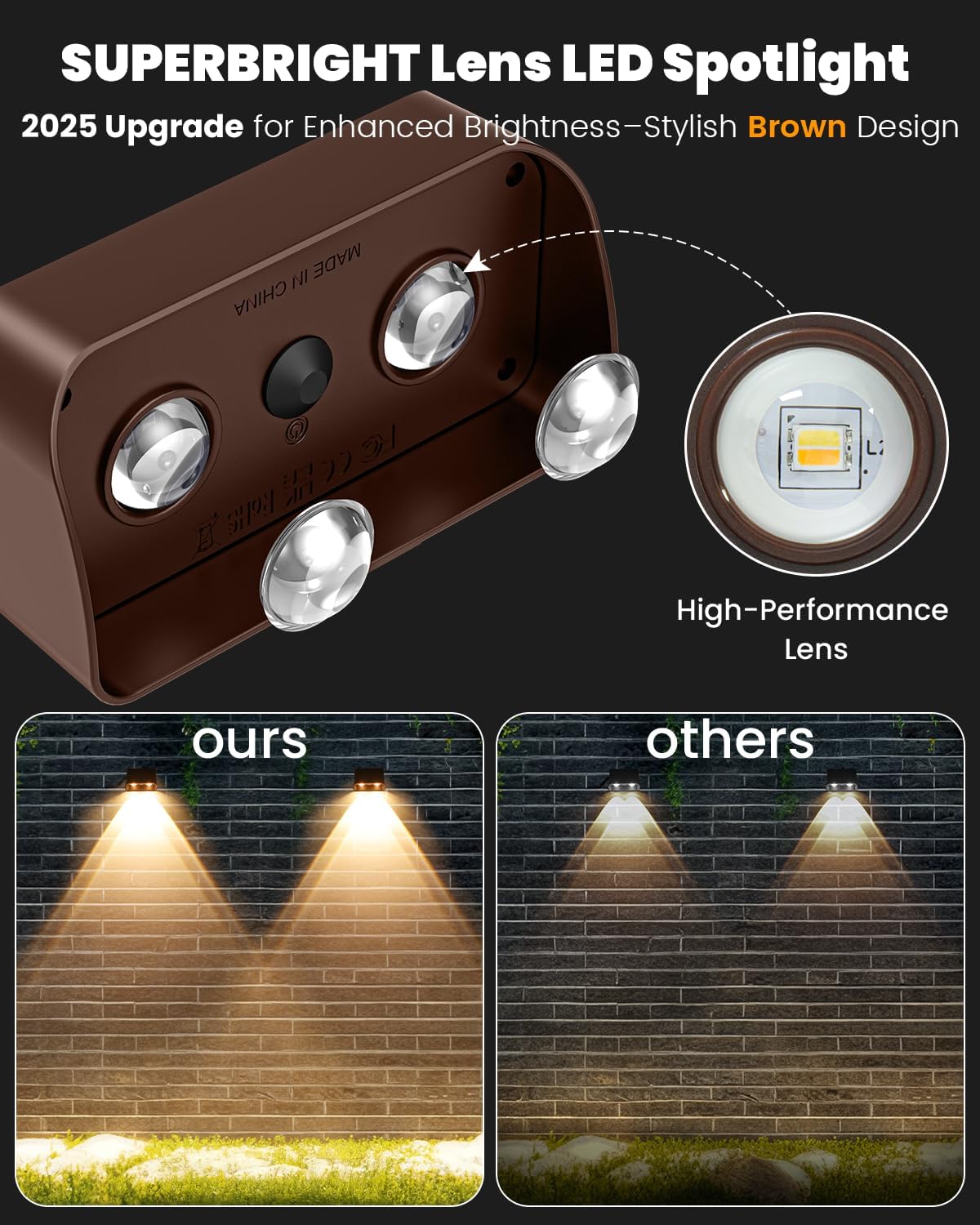 Brighter Solar Fence Lights-3000/4000/6000K 3 Mode,Solar Lights Outdoor Waterproof,Dusk to Dawn Deck Light, Outdoor Lighting for Backyard/Railing/Wall/Step/Patio(8 Pack,Brown)