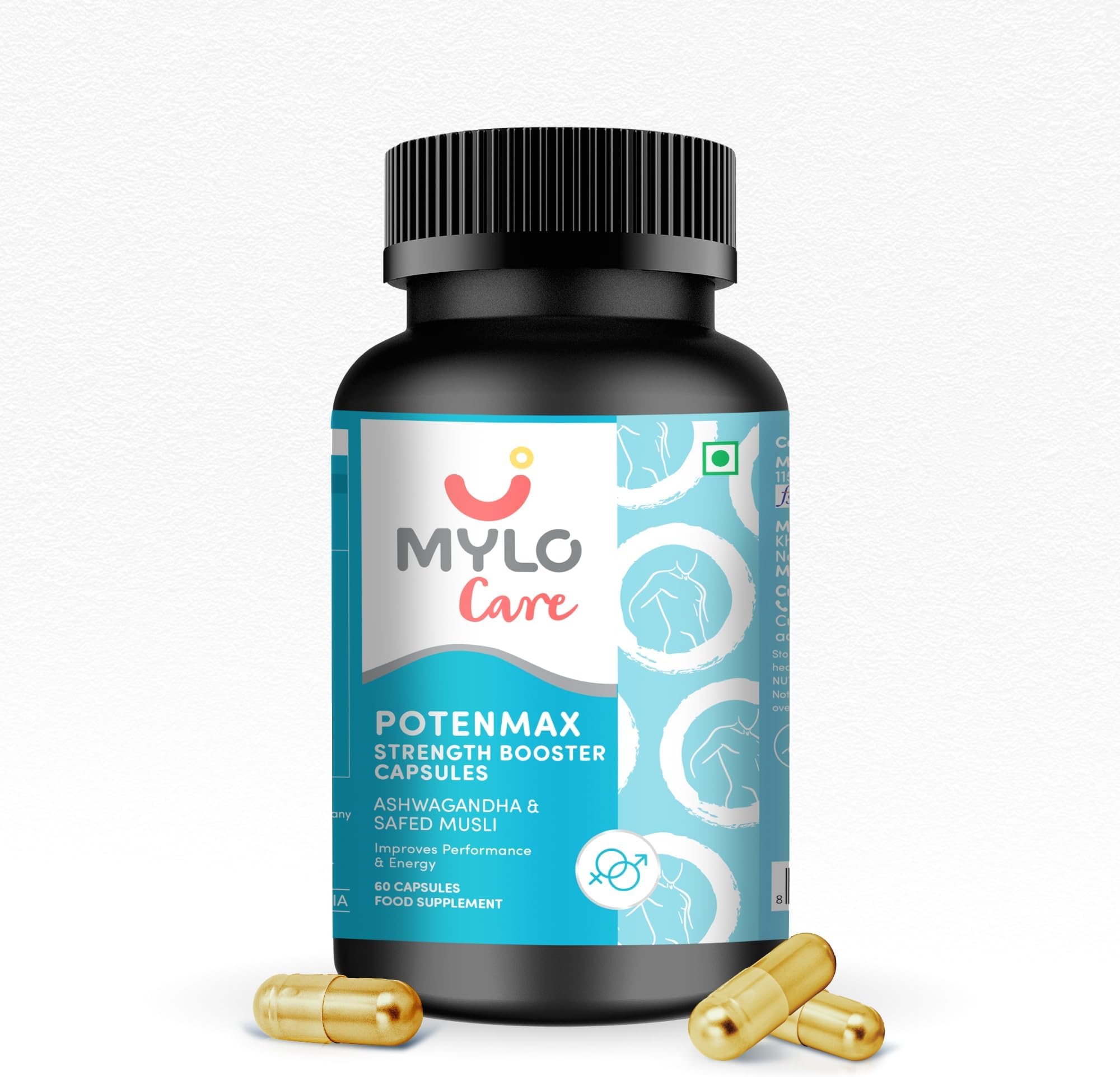 Mylo Potenmax Male Fertility Supplement - 60 Veg Capsules | Ashwagandha, Safed Musli, Kaunch Beej, Omega-3 Fatty Acids| Enhances Men's Reproductive Health (Pack of 1)