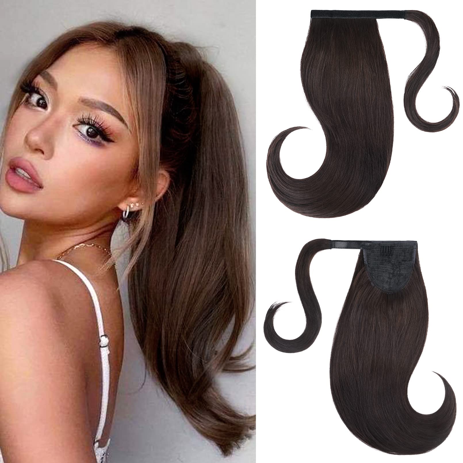 SEIKEA 20" Ponytail Extensions Clip in Wrap Around for Women 90's Styles Retro Flipped Pony Tail Straight Synthetic Hairpiece Clip on Hair Extension Color Black Brown
