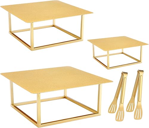 Dualshine Juego de 3 soportes cuadrados dorados para tartas, 8, 10, 12 pulgadas, elegantes soportes para pasteles de boda y mesa de postres,