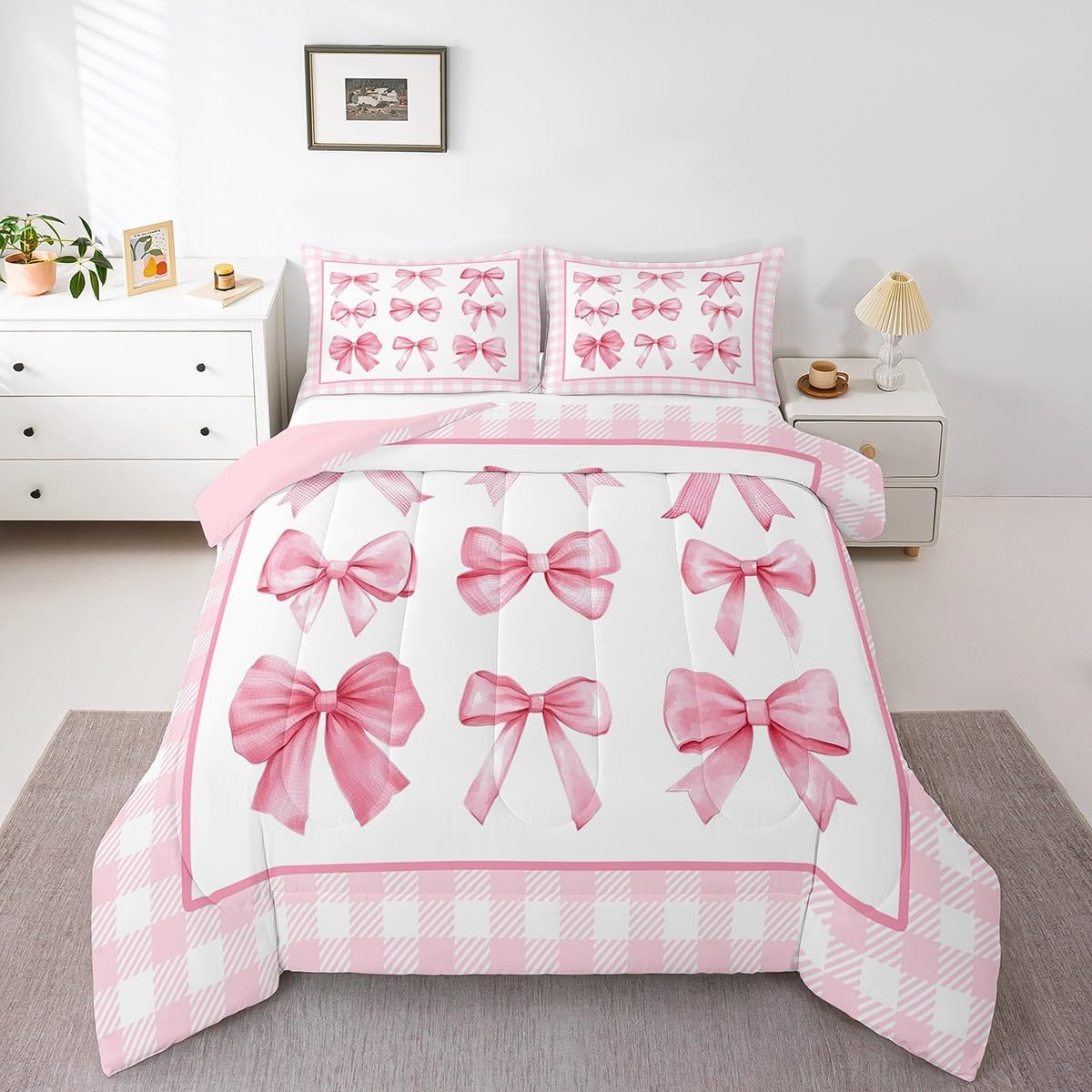 Pink Bowknot Kids Comforter Set Twin Size,Geometric Plaids Grids Patchwork Fashion Bedding Set,Girls Women Room Decor,Bow Tie Knot Princess Down Comforter,Romantic Chic Duvet Insert,1 Pillowcase