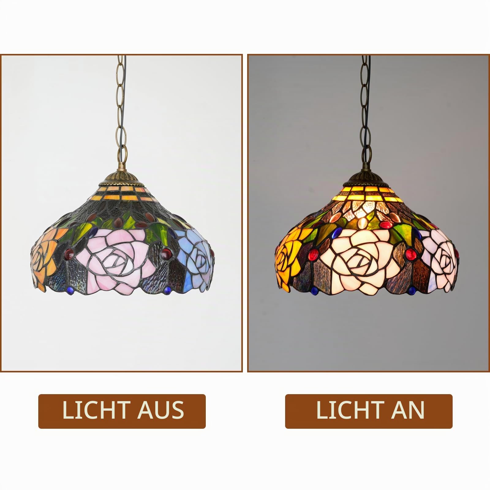 Tiffany Pendelleuchte Rose Blumen Buntglas Hängelampe 12 Zoll Antik Stil Plug in Licht für Haus Küche Insel Esszimmer Wohnzimmer Flur Theke Bar