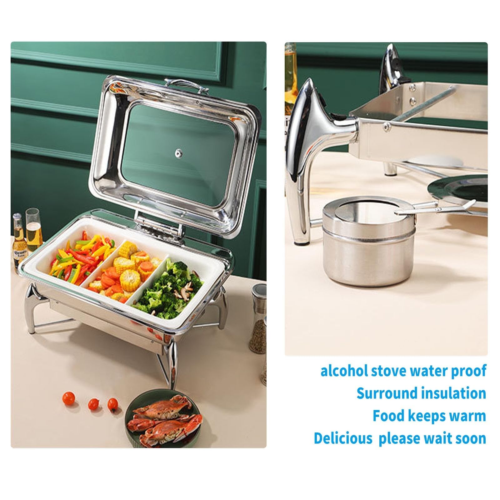 X&Z-XAOY Calientaplatos Redondo De Acero Inoxidable 9L Kit Calientaplatos Buffet con Tapas Y Bandejas Chafing Dishes Buffet Servidor para Restaurante Catering Fiestas Picnics(Rectangle)