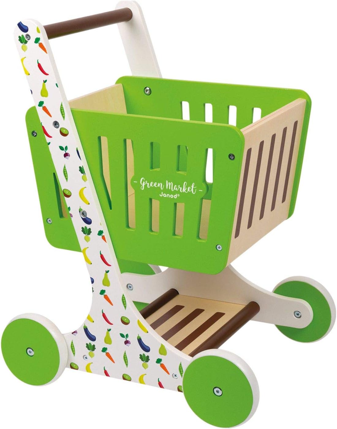 Janod Green Market Wooden Shopping Trolley - Push Cart Buggy with Toy Grocery Accessories – Creative, Imaginative, and Developmental Role Play – Fun Approach to Learning – Ages 18 Months+