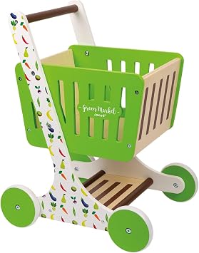 Janod Green Market Wooden Shopping Cart with 7 Accessories - Ages 18 Months+ J06579