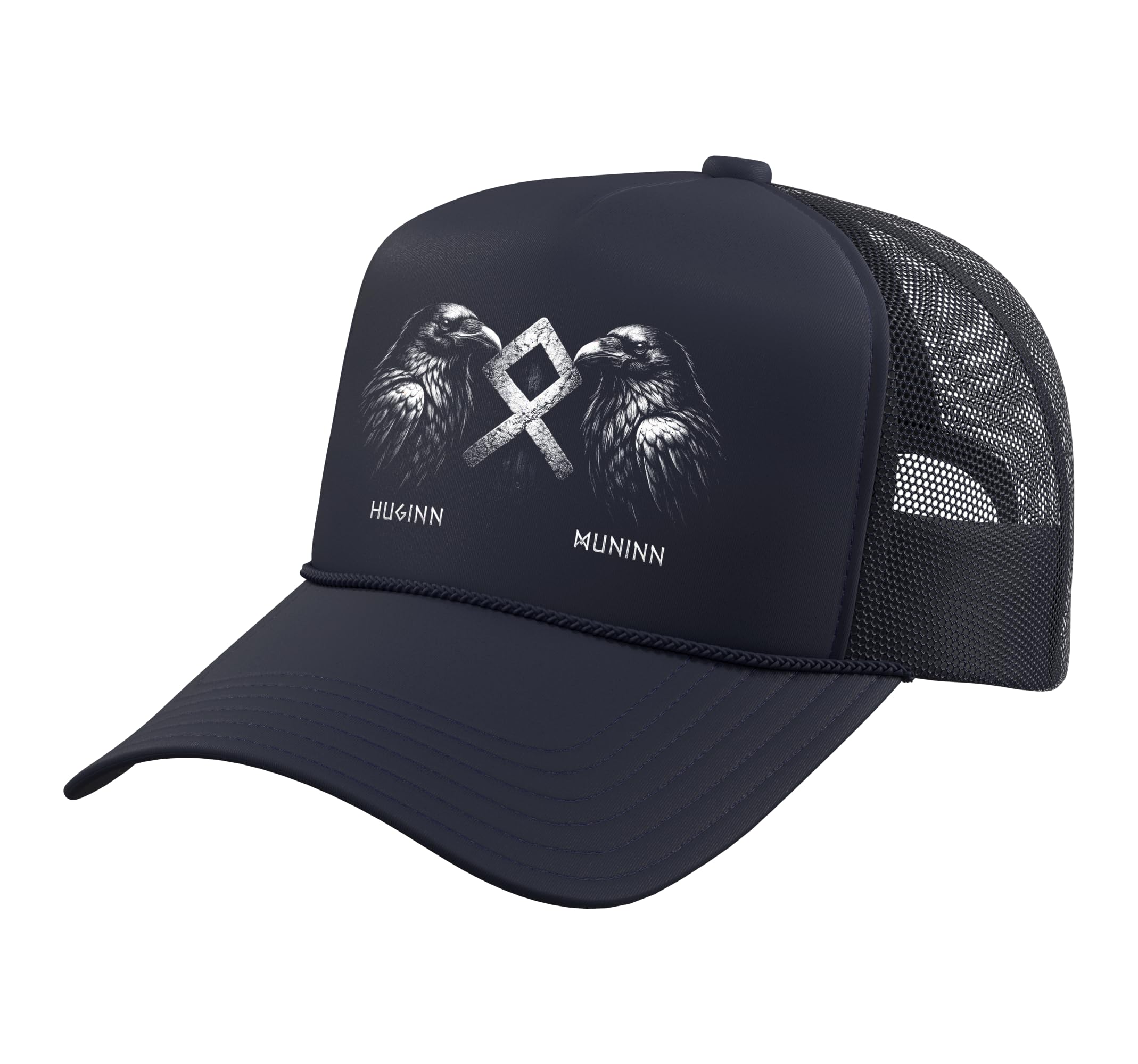 Huginn Muninn Viking Raven with Rune Symbol icon Trucker Hat with Adjustable Mesh Back