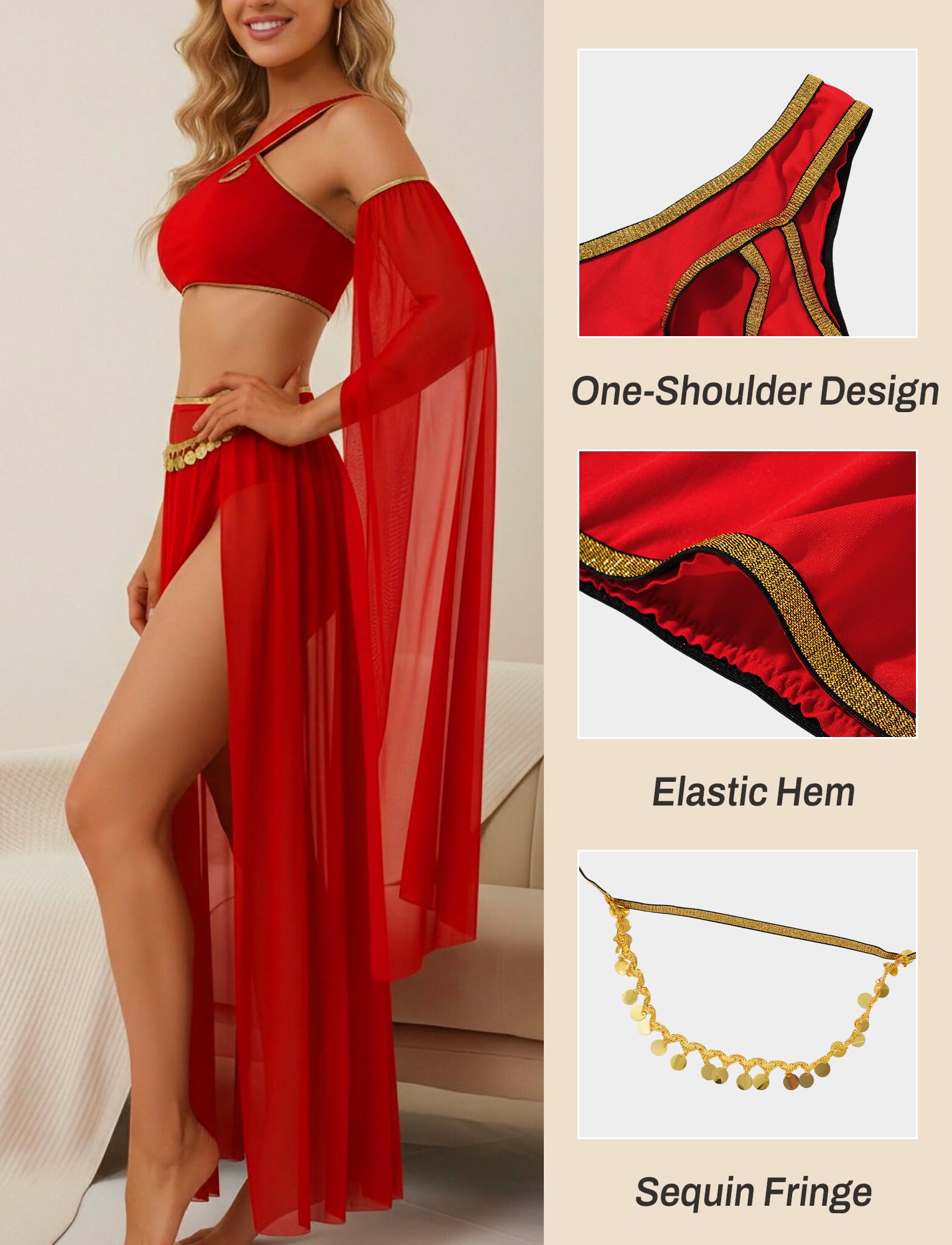 Costume de Danse Orientale 4 pièces pour Femme, Tenue Exotique de Danseuse Orientale, Haut de Danse, Costume de Festival S-XXL