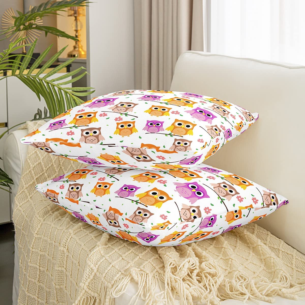 Homemissing Set di 2 federe per cuscino con gufo, 40 x 40 cm, motivo floreale, con stampa di gufi, colore marrone, per camera da letto