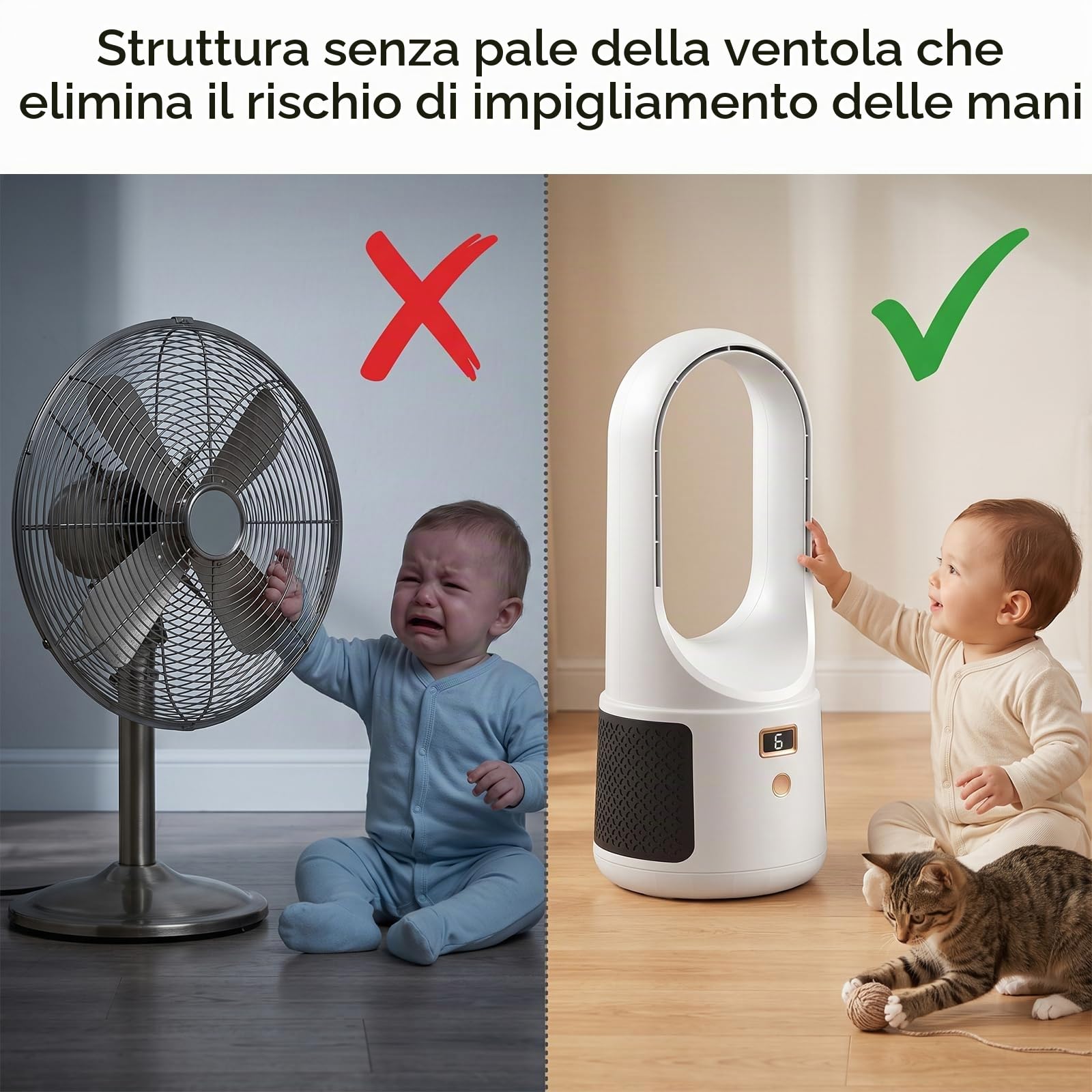 Ventilatore senza Pale, 25dB Ventilatore da Tavolo Silenzioso | 6 Velocità, Autonomia 8h, Sicuro per Bambini e Animali, Tavolo e Camera da Letto, Funziona in Caso di Blackout