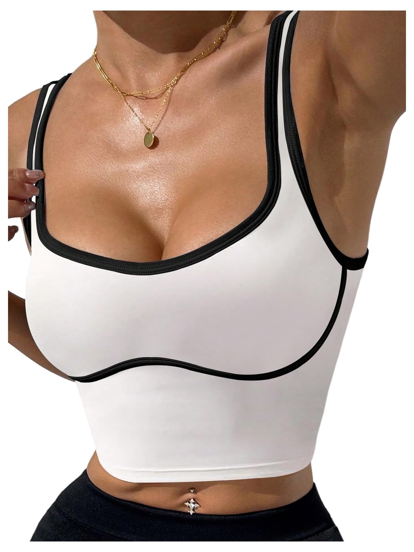 Photo 1 of *medium* SOLY HUX Women's Athletic Tops Scoop Neck Sleeveless Contrast Binding Workout Yoga Crop Tank Top White Medium