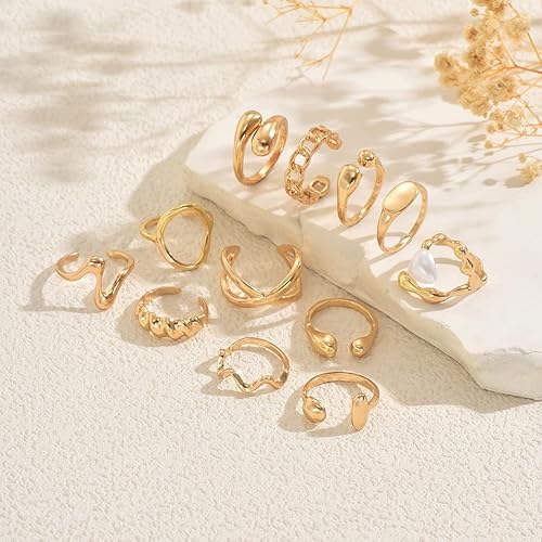 Miniatura 4 de Juego de anillos abiertos irregulares dorados para mujer, 12 anillos de metal fundido ajustables, juego de joyas apilables artísticas vintage Y2K