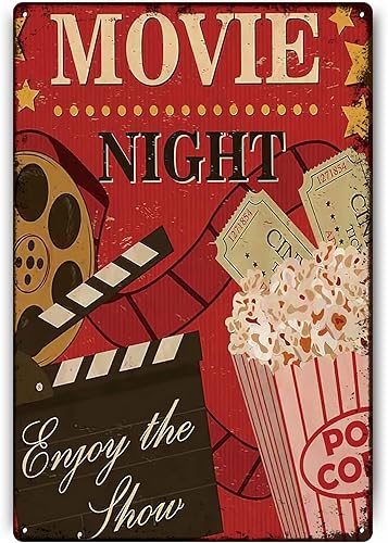 Znzd Letreros de metal vintage de noche de película, letrero de snack bar, letrero de palomitas de maíz, decoración retro de pared para cine,
