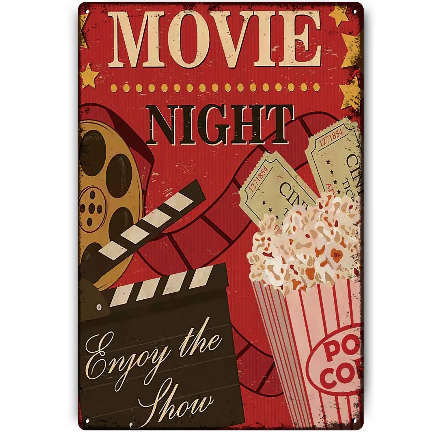 SMAZDFXX Movie Night Vintage Metal Tin SignsSnack Bar Sign,Popcorn Sign Enjoy The Show Retro Wall Decor Wall Art Tin Signs for Cinema Cafe Bar Pub Beer Club Wall Home Decor,Christmas 12"x16"