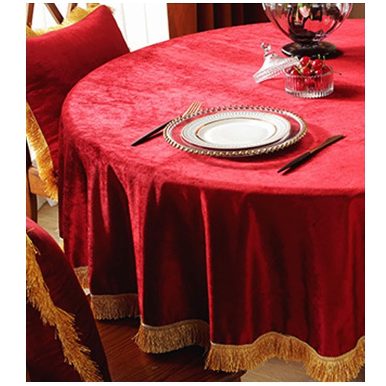Tischtuch Rund 160 cm, Tischdecke Abwaschbar Polyester 2-4 Personen Einfarbiges Rot mit Quasten Tischdecke für Couchtisch