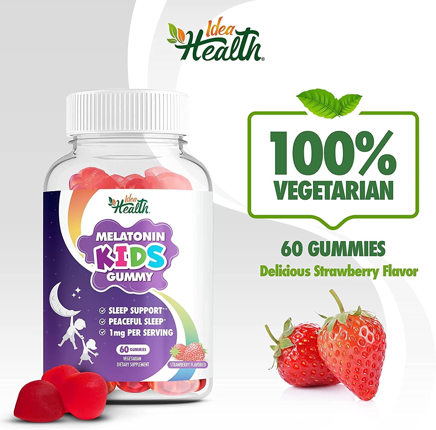 Melatonin Kids Gummy 1 mg - Healthy Restful Deep Sleep Support - Natural Strawberry Flavor, Pectin Based - Sleep Aid for Kids, Non-Habit Forming | 60 Gummies