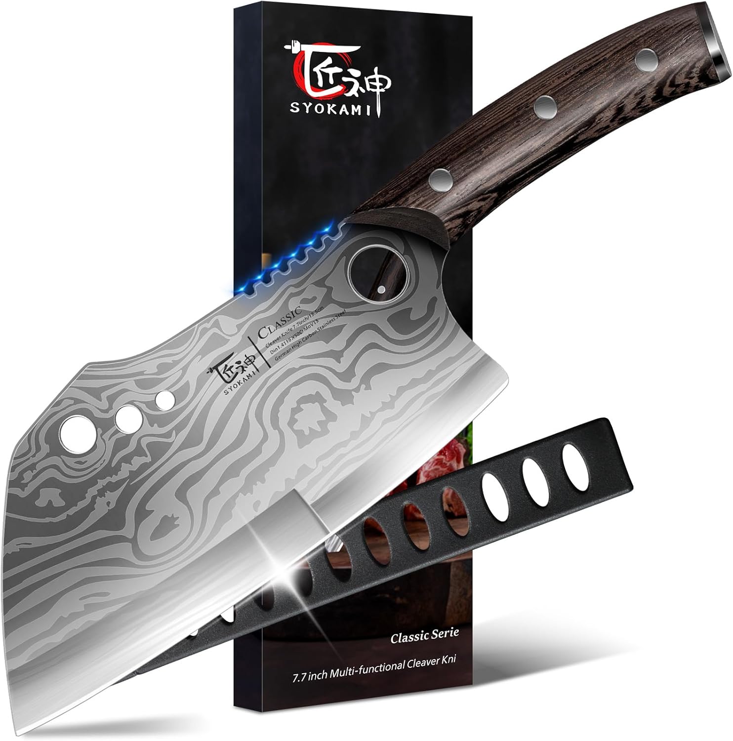 Meat Cleaver Chef Knife with Sheath, 7.7 Inch Butcher Knife with Herb Stripper, Chopping Knife Heavy Duty Bone Cutting, Damascus Pattern Full Tang Wood Handle, Birthday Gift for Men