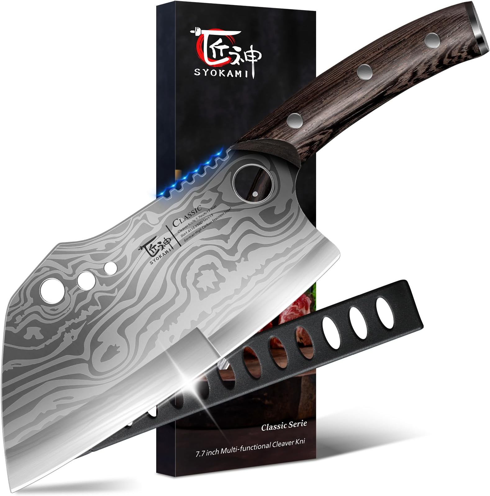 SYOKAMI Meat Cleaver Chef Knife with Sheath, 7.7 Inch Butcher Knife with Herb Stripper, Chopping Knife Heavy Duty Bone Cutting, Damascus Pattern Full Tang Wood Handle, Birthday Gift for Men