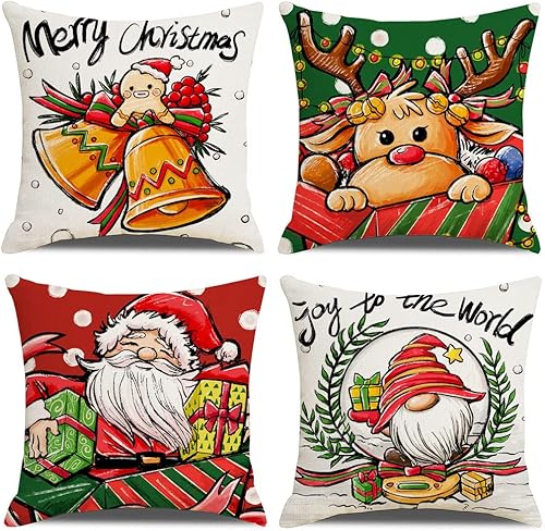 Juego de 4 fundas de almohada navideñas de 18 x 18 pulgadas, fundas de almohada de Navidad, decoración de casa rural, funda de almohada de lino con