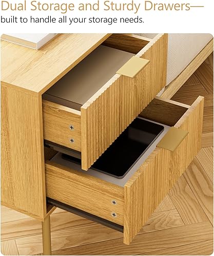 Miniatura 4 de Masupu Mesita de noche, mesita de noche moderna de mediados de siglo con 2 cajones de almacenamiento, mesa auxiliar pequeña con marco dorado para