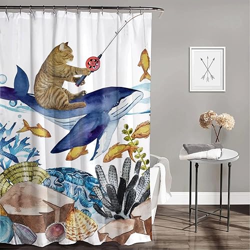 Miniatura 2 de SRINKOC Divertida cortina de ducha con diseño de gato, tiburón, olas del océano, cortinas de baño de tela para decoración de baño, cortina de ducha