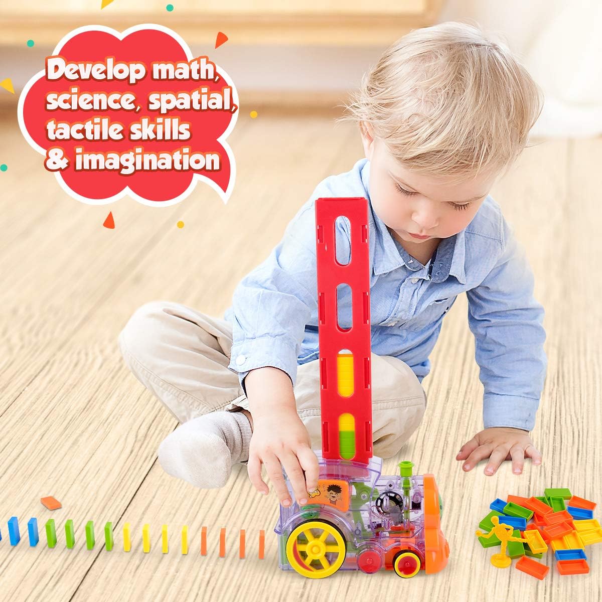 Vanmor Automatic Domino Train Set Model, Mexican Train Dominoes Blocks Building Stacking Toy with Light, Musical Stacker Game STEM Gift for 3 4 5 6 7 Years Old Boys Girls