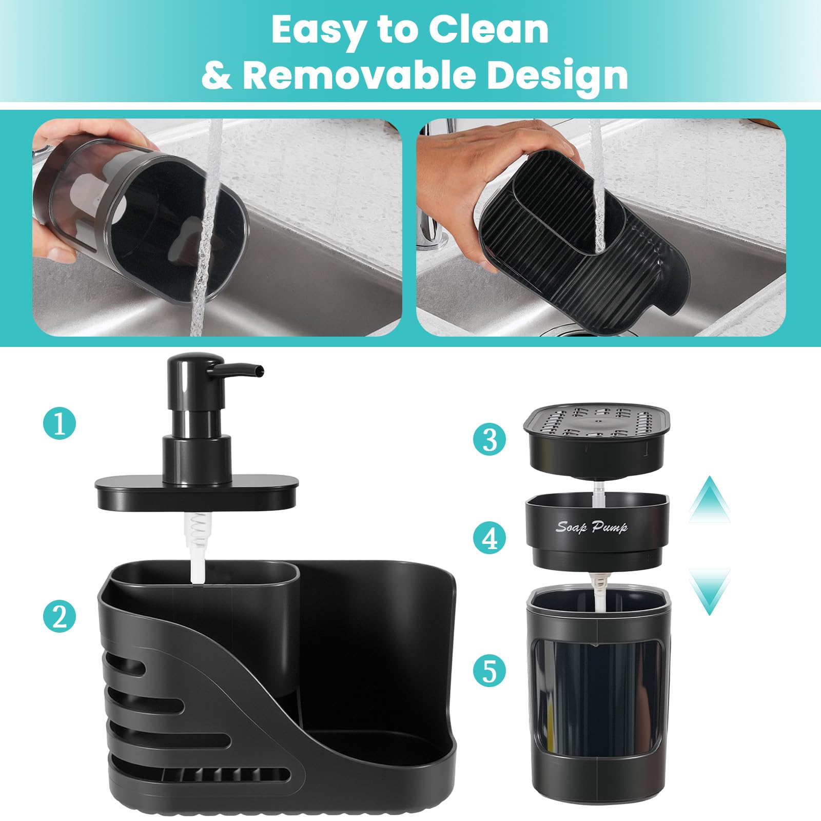 Dispenser di sapone a doppia mano & Dish per lavello da cucina, nero