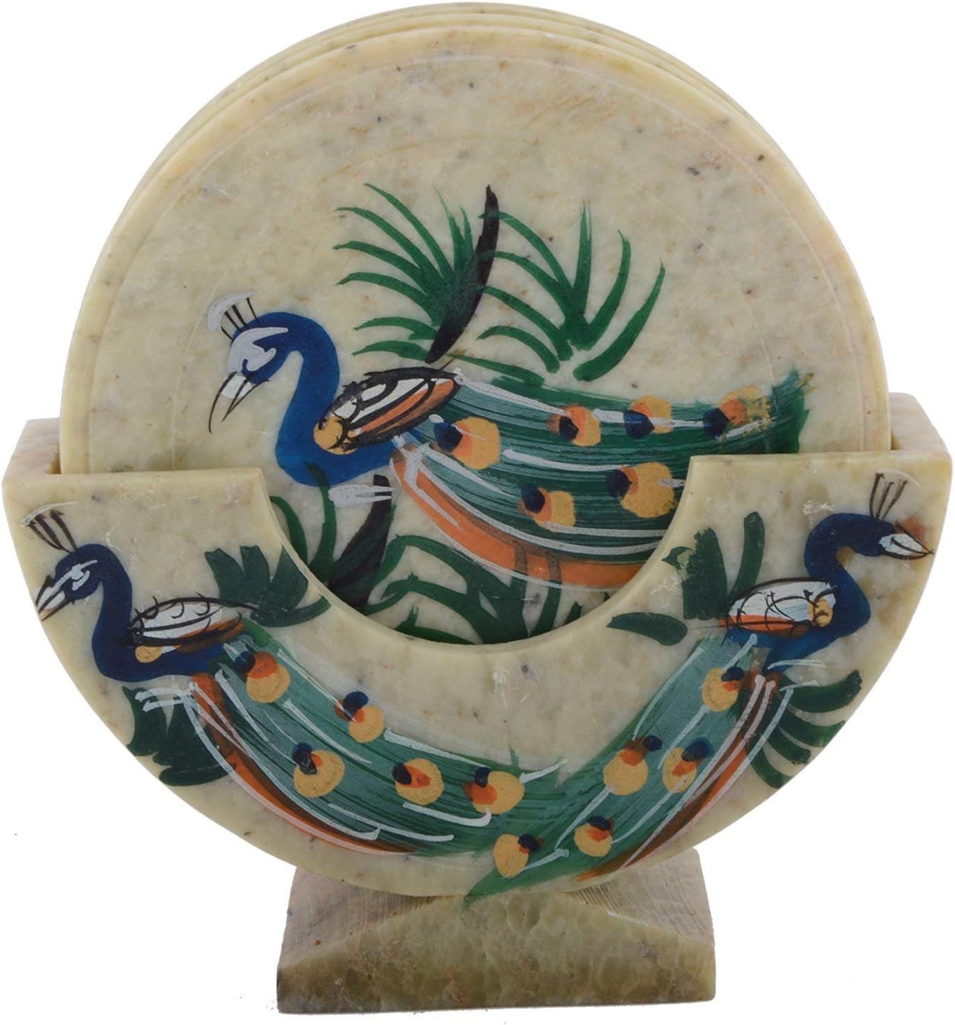 Skyman Soapstone Designer Marble Handmade Coaster Set Pack of 6 Plates with Marvelous Peacock Painting Work for Hot and Cold Drinks