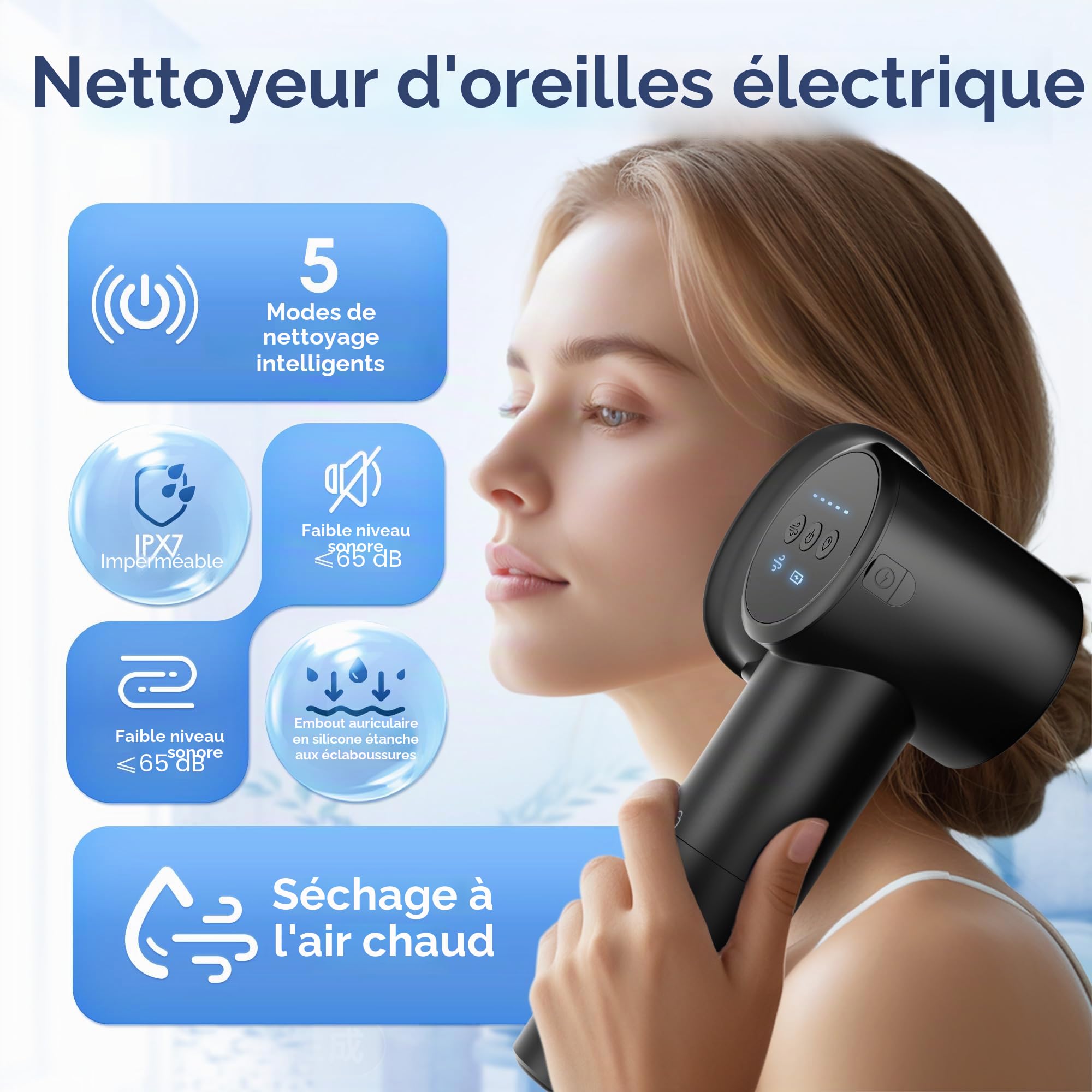 Kit de retrait de cérumen électrique 5 modes pression d'eau nettoyeur d'oreille sûr design double récipient