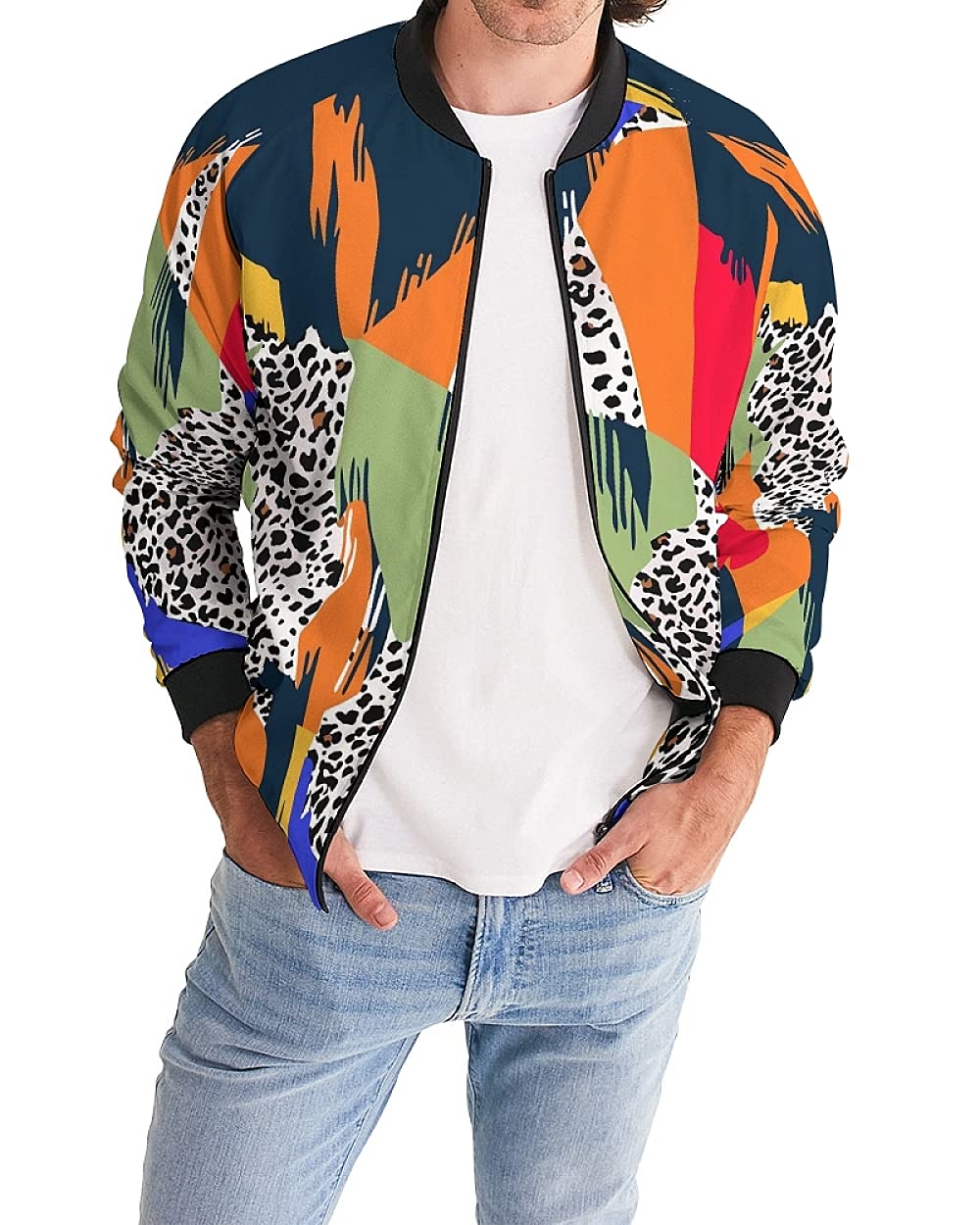 Men's Bomber Jacket Lightweight Zip Front Military Jackets Causal Flight Windbreaker Leopard Track J