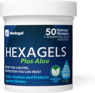 Medagel Hexagels Plus Aloe Vera - Advanced Healing Hydrogel Pads for Blister Prevention & Soothing Burn Care - Foot, Heel, Toe, Ankle Protection, Pack of 50, 1-Inch Patches, Paraben Free Formula