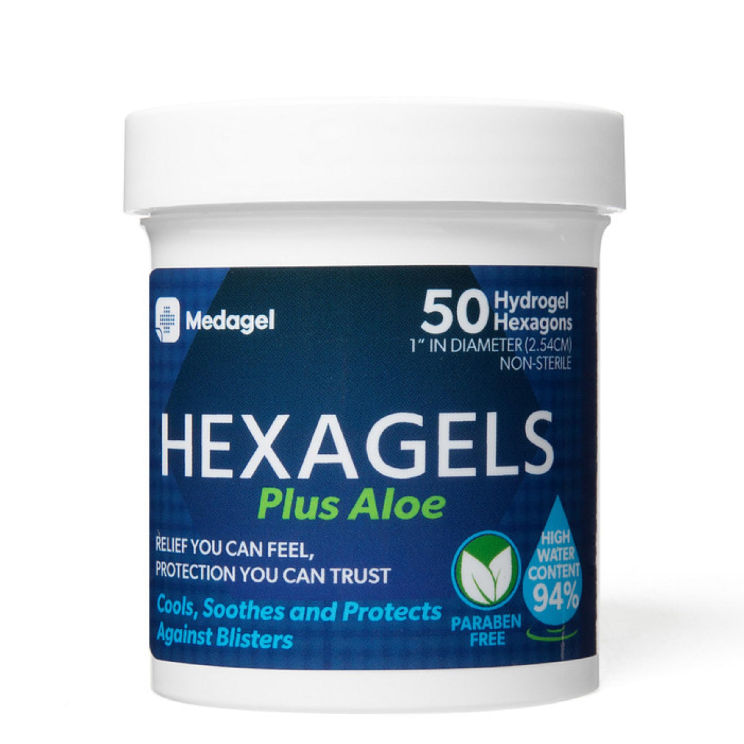 Hexagels Plus Aloe Vera - Plaquettes hydrogel de guérison avancées pour la prévention des brûlures et les soins apaisants - Protection des pieds, des talons, des orteils et des chevilles, pack de 50, 1 pouce, par Medagel, formule sans paraben