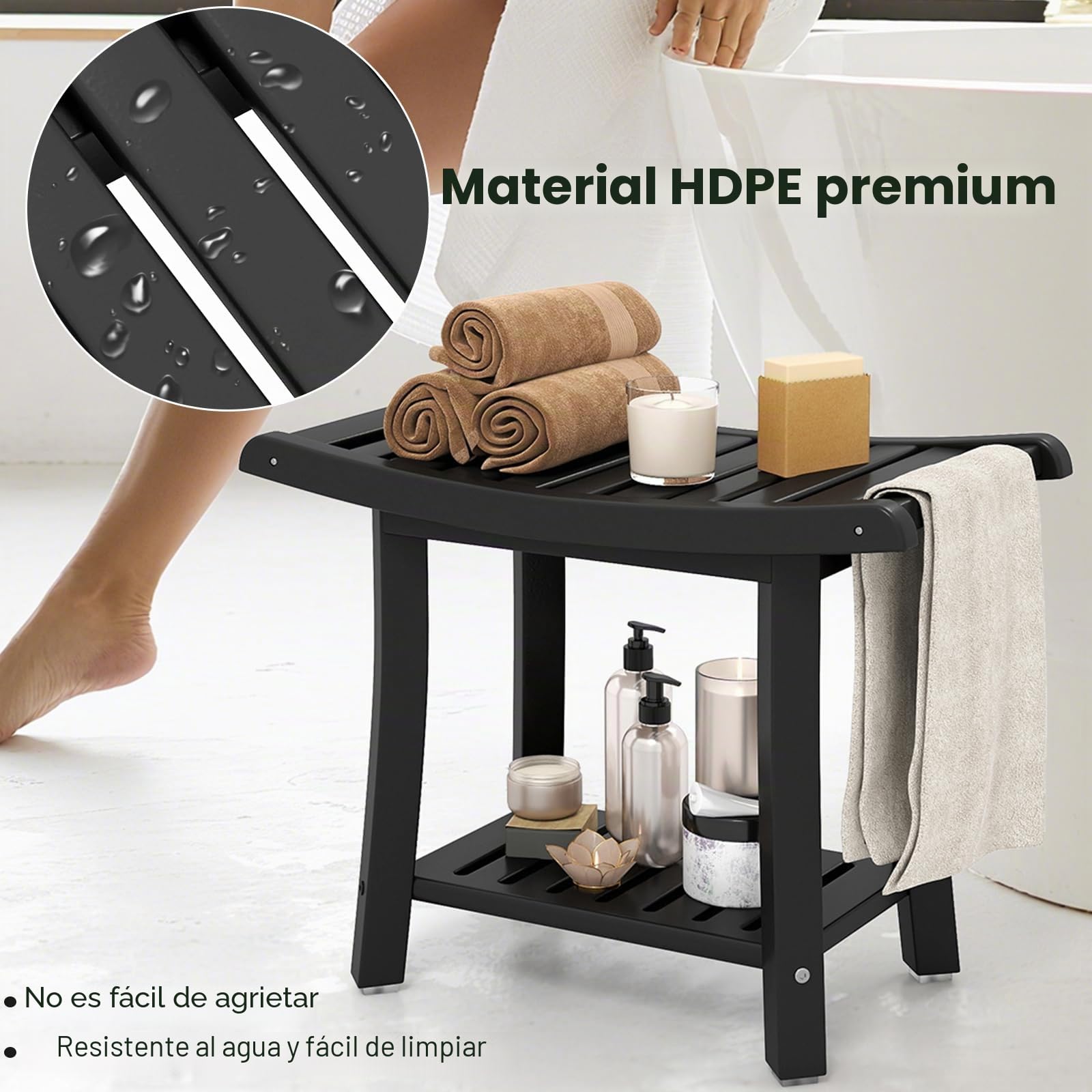 HOMASIS Taburete de Baño de HDPE Antideslizante, Banco de Ducha Multiusos Impermeable con Soporte para Afeitado, Resistente hasta 150 kg (60,5x34x48cm Negro)