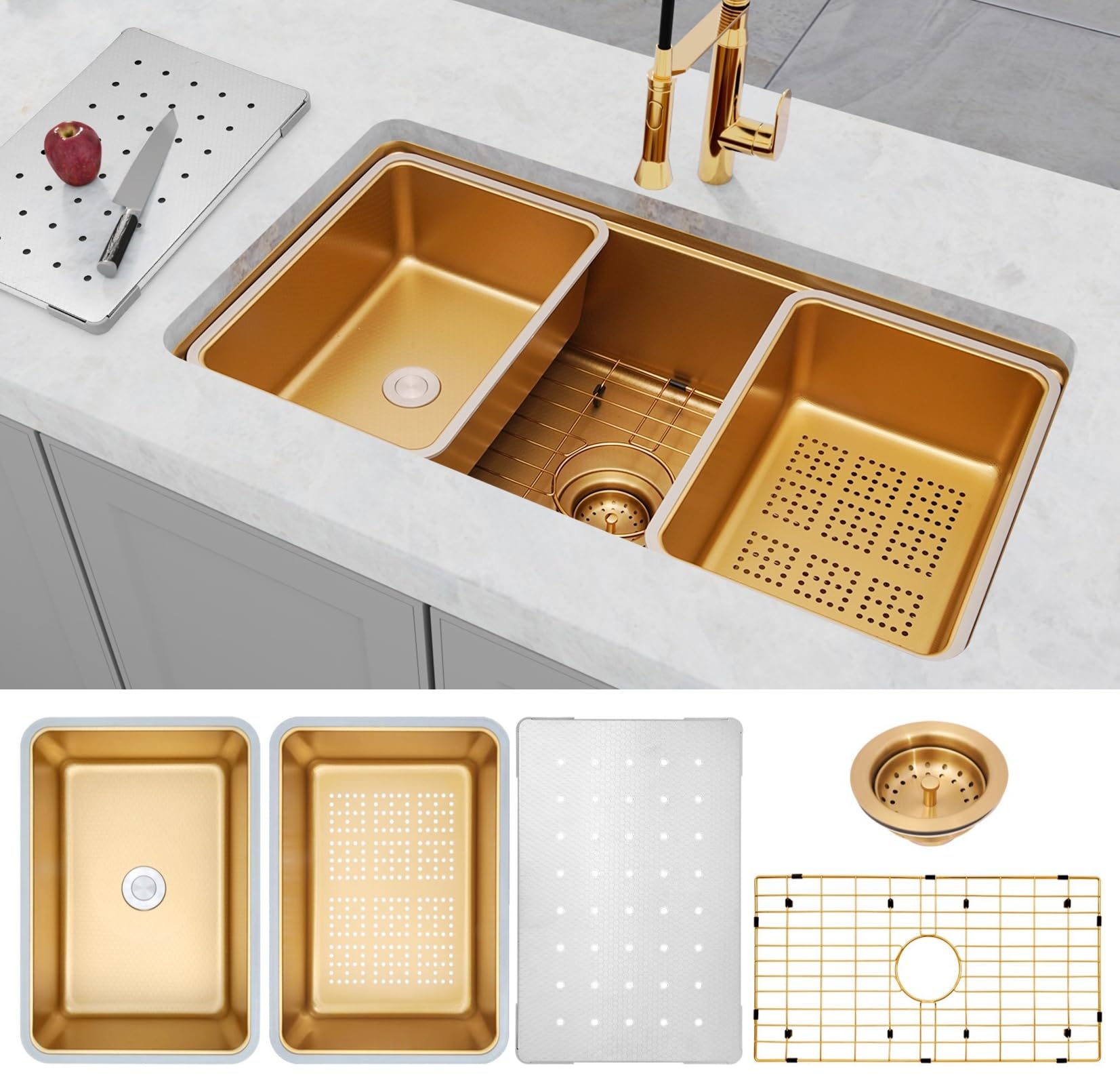 Gold Undermount Kitchen Sink 30 X 18 inch,Single Bowl Workstation Sinks,Stainless Steel Undermount Gold Sink With Accessories