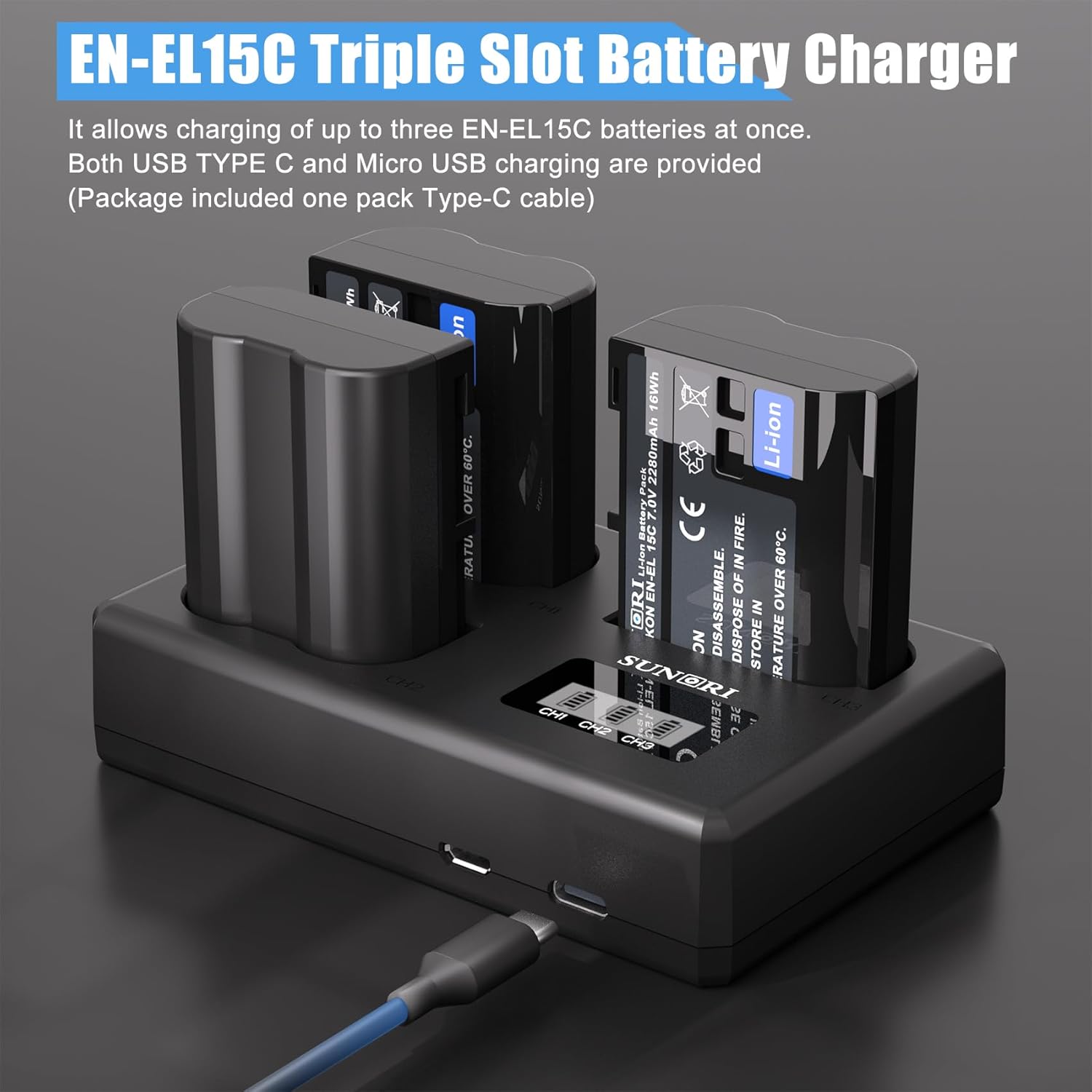 3 Pack EN-EL15C Batteries and Three-Slot Charger Set Compatible for Nikon ZF Z6 z6ii Z6III Z7 z7ii Z8 D750 D850 D7000 D7500 D7100 D7200 D500 D600 D800 D850 Camera 2280mAh EN-EL15C Battery - Image 4