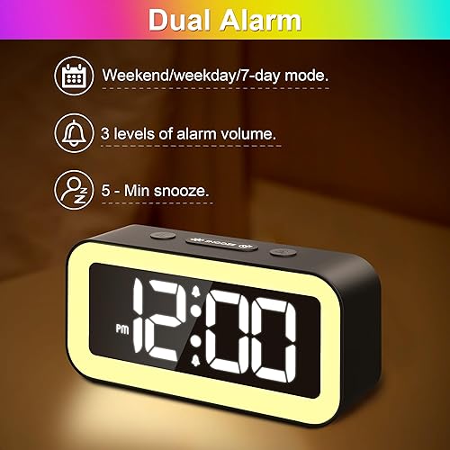 Miniatura 5 de Reloj despertador digital LED con luz nocturna colorida con alarma dual súper fuerte, modo de día de semana, repetición, atenuador, puerto de carga