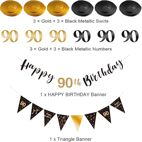 Miniatura 2 de Kit de decoración de cumpleaños número 90, pancarta de feliz cumpleaños 90, serpentinas de remolinos, pancarta de bandera triangular para