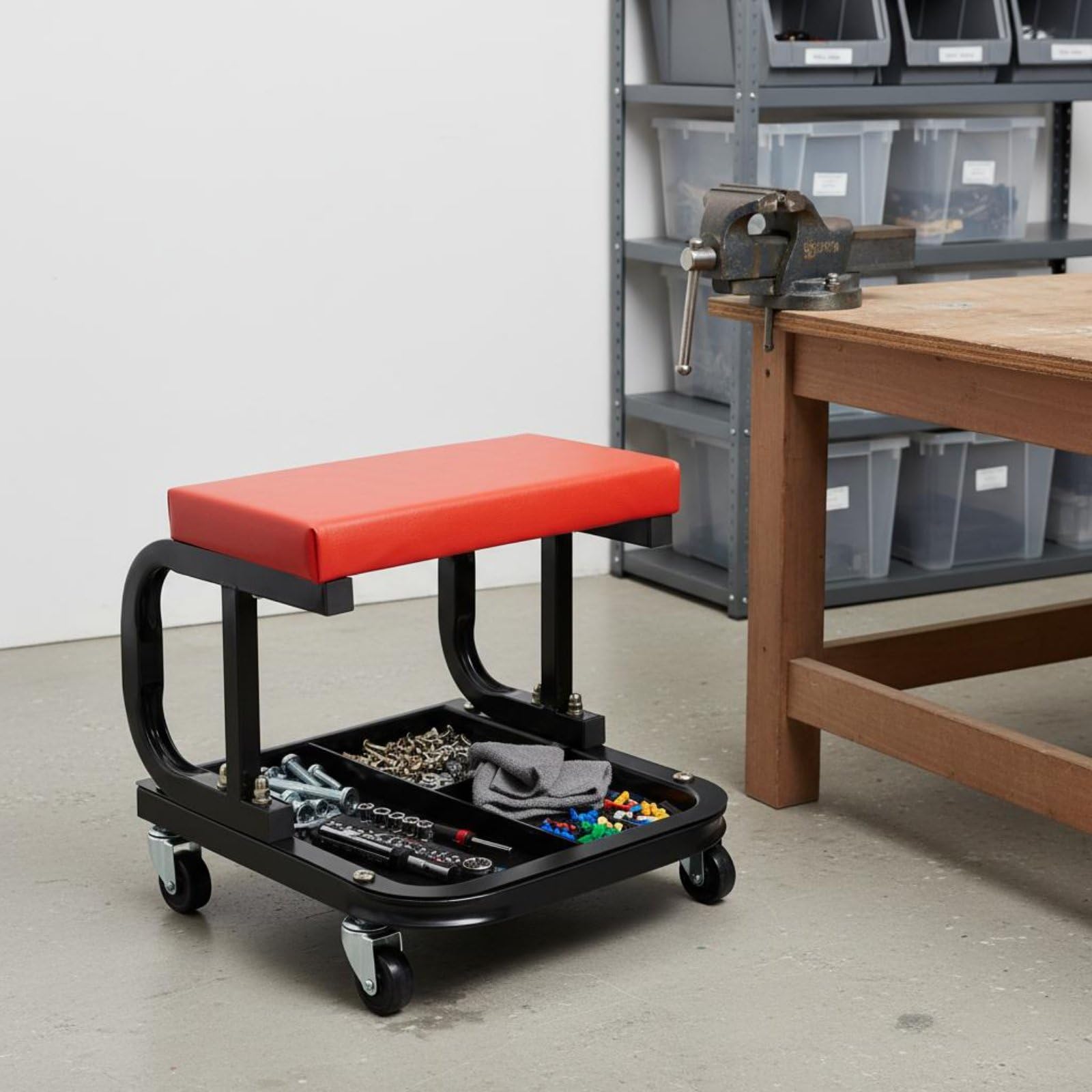 Colcolo Asiento Mecánico Taburete Rodante Banco Taller Silla Taller con Bandeja Organizador y Cojín Cómodo Movimiento en Taller y Garaje Adecuado para