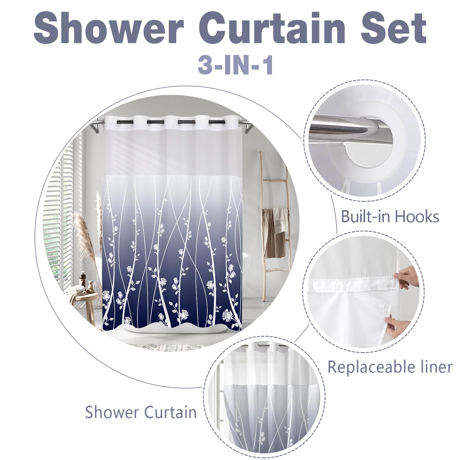 TYTYUU No Hook Shower Curtain Whith Snap in Liner Set, Blue Ombre Floral Striped Fabric Shower Curtains for Bathroom Hotel Decor 71x74 Inches