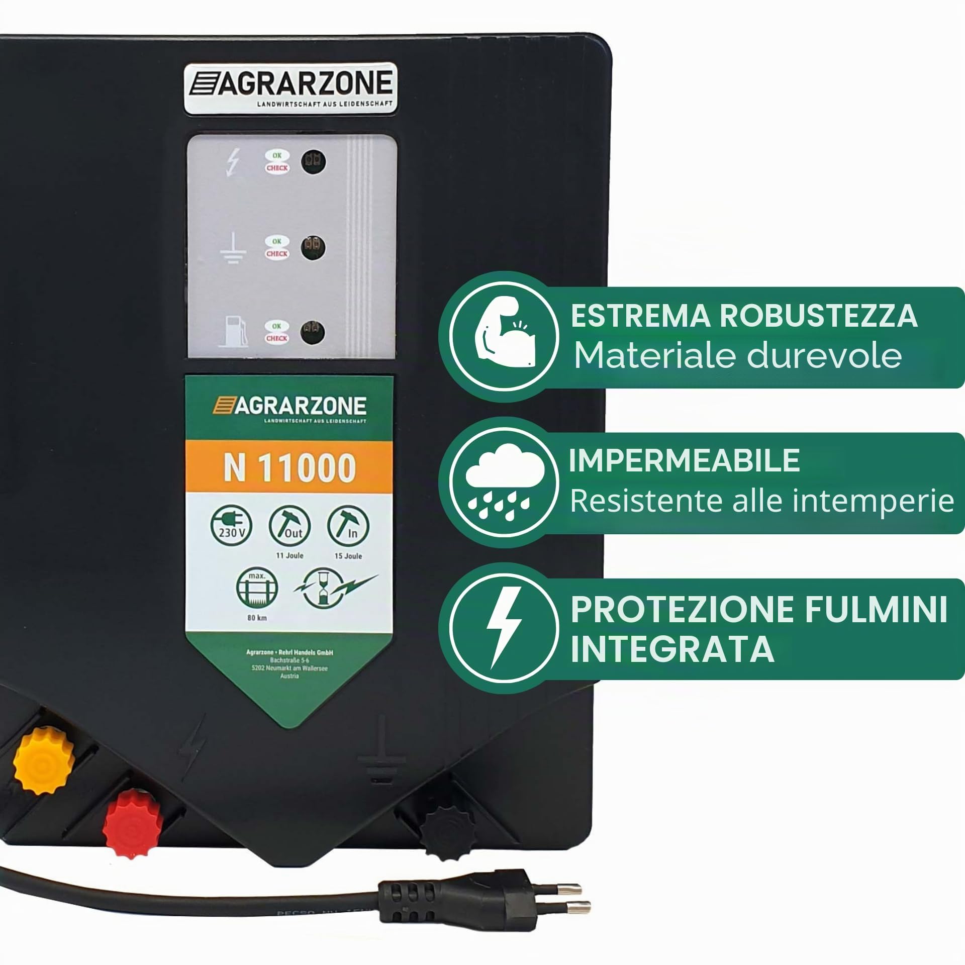 Agrarzone Elettrificatore per recinti N 11000 230V, 15 Joule - Potenza Estrema per la Difesa da Lupi e cinghiali (Fino a 80 km) - qualità Made in Germany, Robusto e con Spia LED