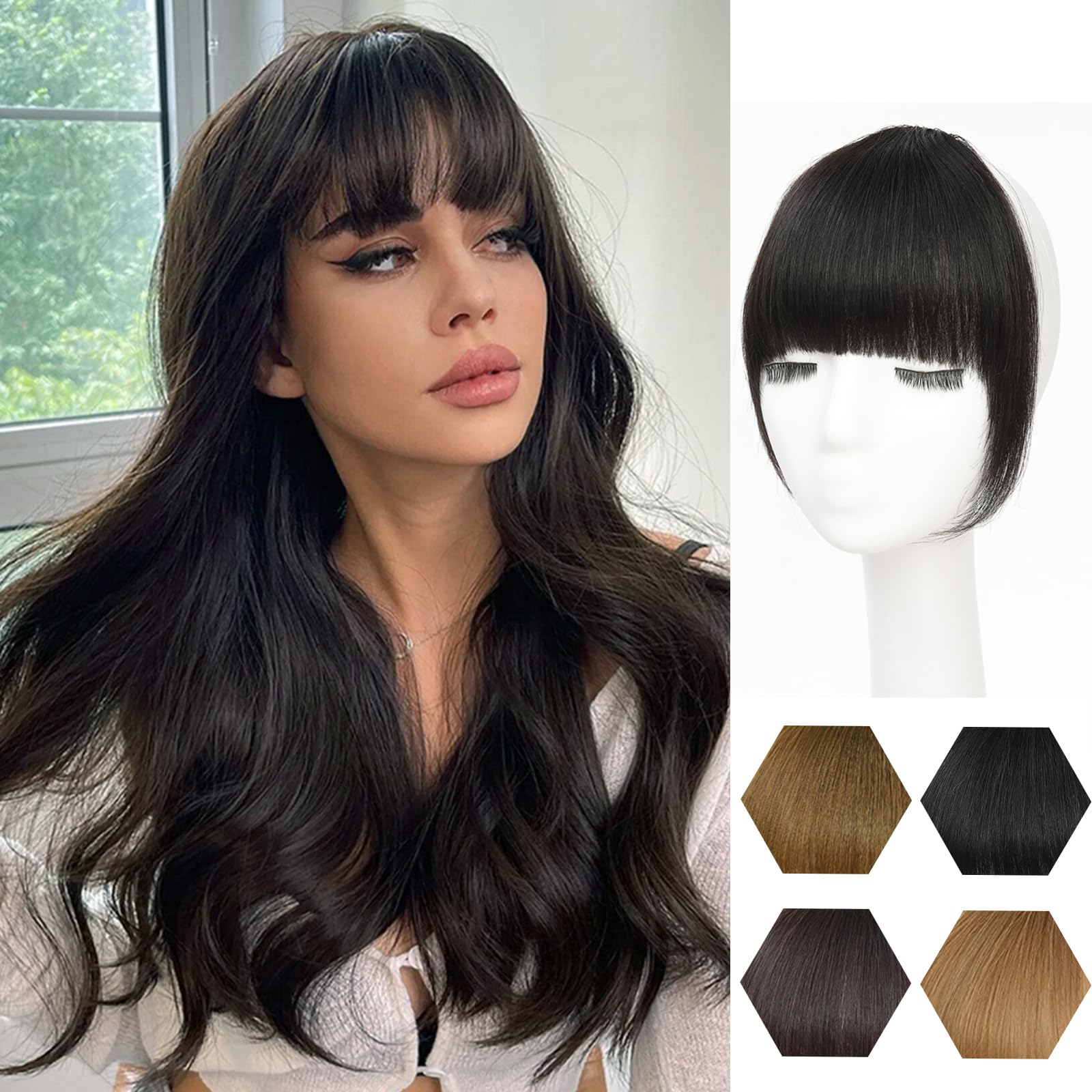GHDXIWEYU Human Hair Clip in Bangs,Women Fringe with Temples Curtain Brown Black Bangs, Natural Curved French Bangs,Real Human Hair Extensions Faux
