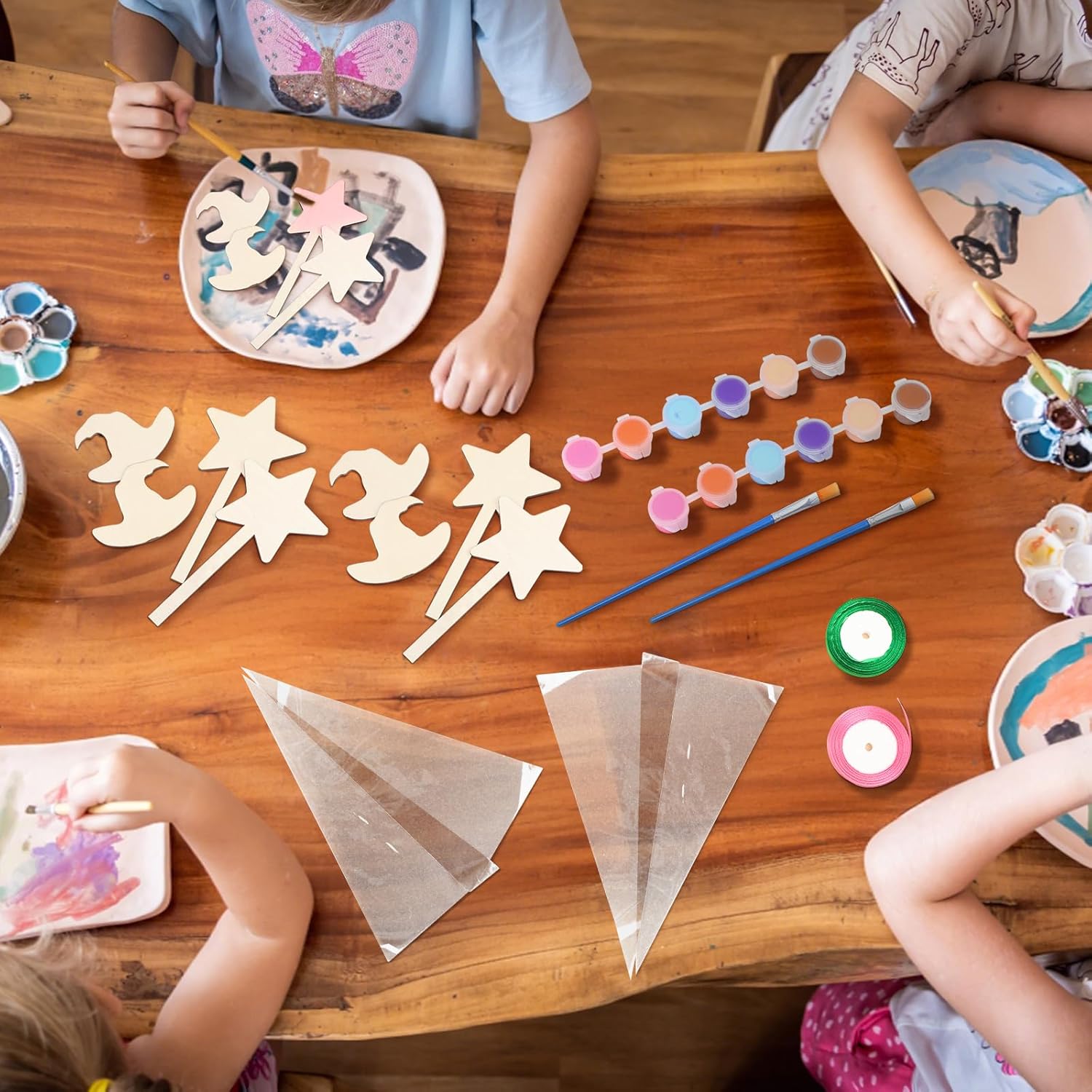 12 Sets Paint Your Own Witch Party Favors Pink and Green Princess Party Supplies DIY Wood Painting Craft Kit Witch Hat and Star Magic Wand Color Your Own Art Craft for Birthday Gifts