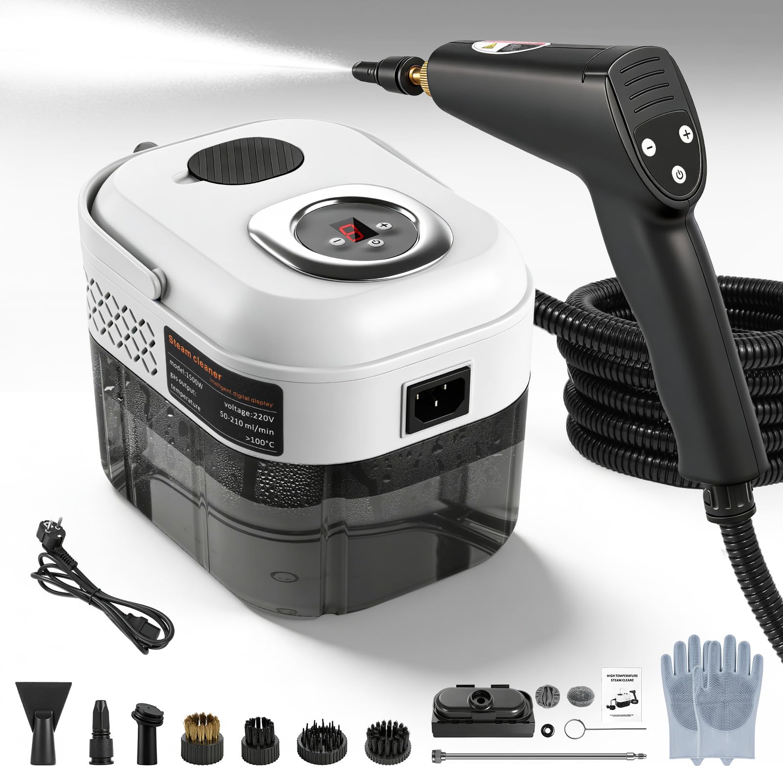 Dampfreiniger Handgerät 2500W für Haus & Auto,Tragbarer Handdampfreiniger mit 6 Dampfstufen,15s Schnelles Aufheizen & 1,7L Wassertank, Multifunktionaler Haushaltsdampfreiniger für Boden Teppich Sofa